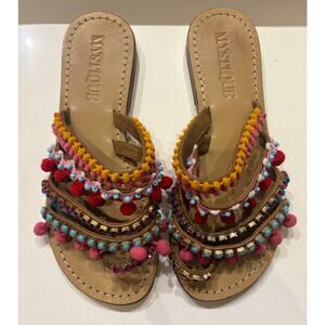 Mystique Tokyo Gladiator Pom Pom Rhinestone Roman Slides Leather 37 7